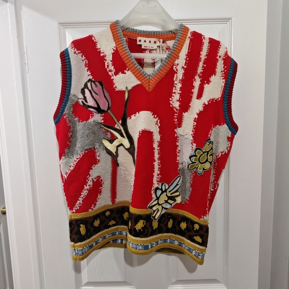 MARNI Artistic Jacquard V-Collar Wool Vest - Picture 3 of 8